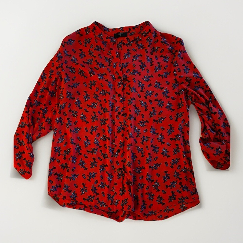 Tahari Floral Blouse Womens Medium Red Blue Band Collar Button Down Professional
